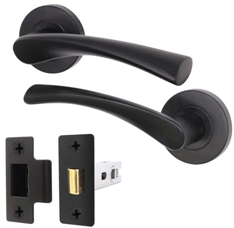 EAI Black Door Handle Latch Set | Round Internal Door Handles & Latch (64mm) | Matt Black Lever on Rose Novoli Range
