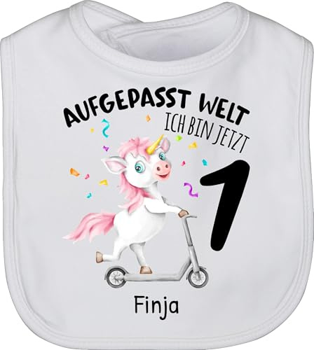 Baby Lätzchen - 1. - Aufgepasst Welt Ich bin jetzt 1 Einhorn Geburtstag I Ich bin 1 Geschenk 1 Jahr I Erster Geburtstag Geschenkideen mit Name - Unisize - Weiß - personalisierte geschenke zum