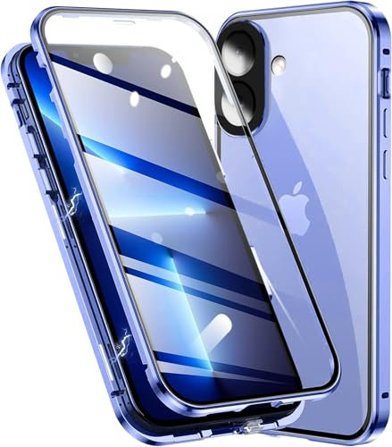 OMGZONE Magnetic Case for iPhone 16 Full Body Cover,Screen Protector built-in Transparent Tempered Glass and Camera Protector,360 Degree Metal Bumper Case for iPhone 16,Clear Blue