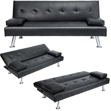 Trintion Sofa Beds 3 Seater Sofas with Upholstered Convertible Sofas & Couches Couch Adjustable Angle Sofas for Living Room/Spare Room/Guest Room Black PU Leather