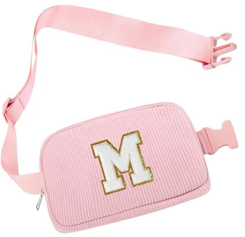 Bauchtasche Gürteltasche Damen, Cord-Crossbody Bag, Brustbeutel Umhängetasche, Schultertasche mit Schultergurt für Outdoor Sport Laufen Reise Fahren Wandern, Initialen M Geschenke für Frauen Mädchen