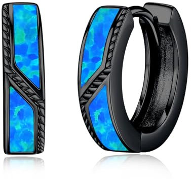 Midir&Etain Ohrringe Creolen mit Blauer Opal 925 Sterling Silber Hypoallergen Schwarzer 15mm Huggie Ohringe Schmuck Geburtstags Geschenk für Prime Herren Damen