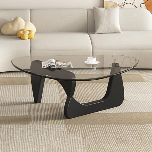 AnYaBinni Dreieckiger Couchtisch aus Glas, Vintage-Couchtische mit Massivholzsockel, Niedriger, Minimalistischer Teetisch, Couchtisch für Arbeitszimmer, Büro, Hotel, Balkon, 83 * 57 * 40 cm