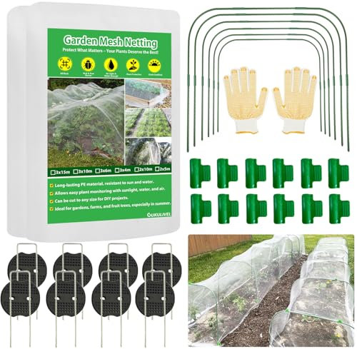 Garden Mesh Netting Kit, 3x12M Ultra-Fine Insect Netting with 6 Sets Tunnel Hoops & 12 Clips &12 Garden Pegs, Garden Netting for Raised Beds, Greenhouse, Vegetable & Flower Cover