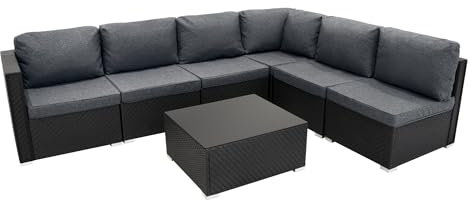 Rattan Garden Corner Furniture Set Outdoor Premium 7 PC Black 5 Seater Modular Sofa Chairs With Cushions Glass Top Coffee Table UV Protected Metal Frame Patio Conservatory Lounge Seat FREE Rain Cover