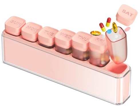 HIONXMGA Tablettenbox 7 Tage, BPA-freie Pillendose Mit 7 Abnehmbaren Fächern, Feuchtigkeitsbeständiger & Große Kapazität, Tragbar Medikamentenbox Für Tabletten Vitamine Fischöl Unterwegs, Rosa