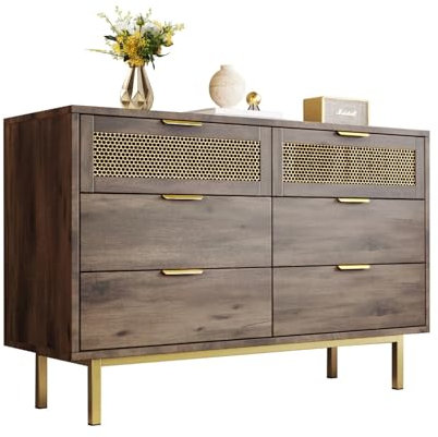WEALTHOUSE Kommode mit 6 Schubladen,Holzoptik Sideboard mit goldenen Metallbeinen und Gittern,Aufbewahrungsschrank für Wohnzimmer Schlafzimmer,Schubladenschrank mit Griffen aus Metall (Braun)