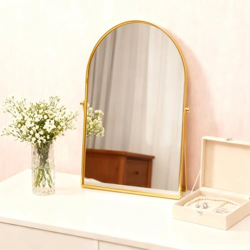Numjeg Goldener Metallspiegel, Schminktisch, Schreibtisch, Bogen, Make-up, Badezimmerspiegel, drehbar, gerahmt, Standspiegel, 90 ° verstellbar, Raumdekoration für Wohnzimmer, Schlafzimmer, Tischplatte