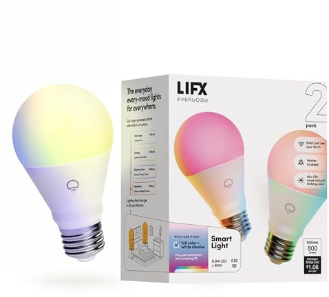 LIFX Everyday A19 Smart Light Bulbs 2 Pack, 800 Lumens RGB Color Changing LED Bulbs, 90+ CRI Tunable White, Dimmable Wi-Fi Smart Bulbs, Matter Compatible, Works with Alexa Google Apple Home