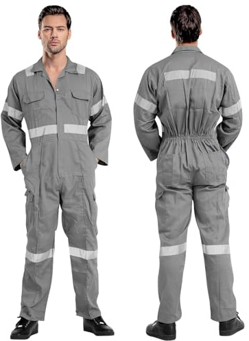 ProMaxFit Men's Long Sleeves Coverall Boiler Suit for Workshop Mechanics - Gray Color, 9 Sizes - Overall Cotton Blend Jumpsuit for Painters, gardeners, Welders and builders.