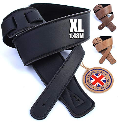 British Handmade Real Leather Guitar Strap: Finest Ultra Soft Italian Nappa Leather, 148cm long Foam Cushion Padded Guitar Belt - Suits Electric, Bass or Acoustic Instruments (inc Semi/Electro)