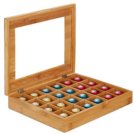 Relaxdays boîte à thé en bambou, 24 compartiments, rabattable, rangement capsules, petite vitre, café, naturel