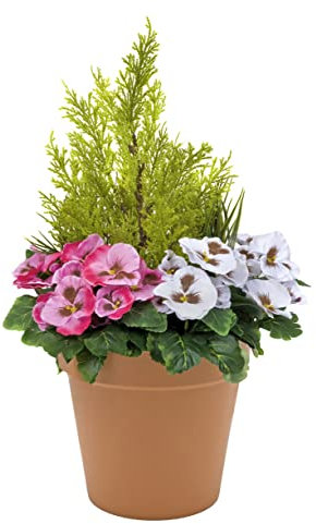 Artificial Pink and White Faux Silk Pansies with Grasses/Conifer Topiary in a Terracotta Coloured Pot Patio Planter Ideal for Home, Patio, Garden Outdoor Living 60cm/23.5in