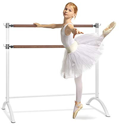 Klarfit Ballettstange, Freistehende Ballettstange für Zuhause, Barre, Tanzstange für Ballet, Bewegungstraining & Stretching, Balletstange Mobil, Stahlrohre mit Holzoptik, 2 x 38mm Ø, 110 x 113cm, Weiß