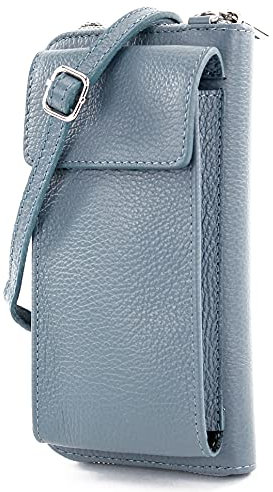 modamoda de P06 Damen Leder Umhängetasche Geldbörse Handytasche 6,5 Zoll handmade in Italy, Farbe:Taubenblau