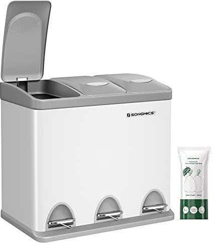 SONGMICS Mülleimer Küche, 3 x 8 L, kleine Kapazität, Mülltrennsystem 3 Fächer, Abfalleimer mit Deckel, Stahl-Treteimer für kleine Familien, Pedale und Inneneimer, weiß-grau LTB24WT