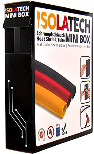 ISOLATECH Gaine thermorétractable 3:1 kit avec adhésif noir Ø6,4mm 5 mètres pour câble USB résistante aux UV réparer non marqué Rouleau en boîte distributrice pratique