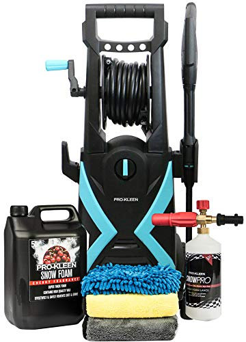 Pro-Kleen Electric Jet Washer High Power Pressure 2.2kW,165 Bar Max, 8M Hose On Reel, Car Cleaning Accessories – 5L Cherry Snow Foam, Snow Foam Lance & Microfibre Cloths and Wash Mitt