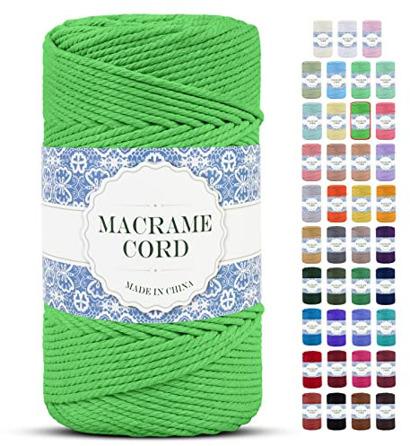 Uiopa Makramee Garn 4mm x 200m Natürliche Baumwollkordel Baumwollseil Baumwollgarn Baumwollschnur, Macrame Cord 4mm für DIY Basteln Stricken Wandbehang Pflanze Aufhänger Boho Deko (Gras-Grün)