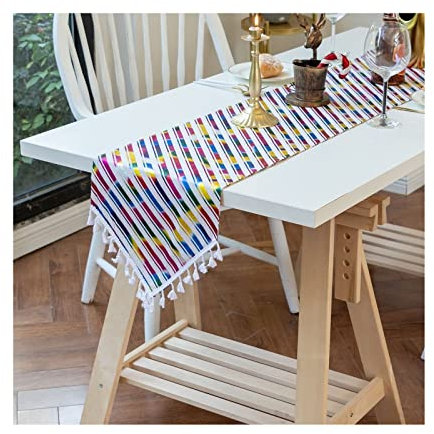 AMDXD Tischläufer Vintage Hochzeit, Streifen Größe 33x220 cm Baumwolle Tischläufer Handgemachte, Tisch-Deko Tischband für Hochzeit Rustikales Zuhause Bauernhaus Modern Tabletop Dekor, Bunt