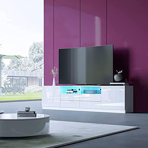 BESTWANTED LED-TV-Ständer TV-Schrank TV-Einheit 180 cm Modern Weiß Hochglanz Front Matt Korpus mit 2 Türen und 4 Schubladen für Schlafzimmer Wohnzimmer Wohnmöbel (Weiß)