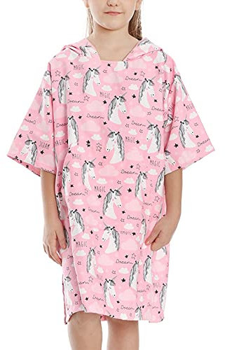 Chickwin Badeponcho mit Kapuze Kind Poncho Handtuch, Kinderhandtuch Strand Schwimmen Bad Kapuzenhandtuch Bademantel Zum Wechseln für Jungen Mädchen (Einhorn,65cm)
