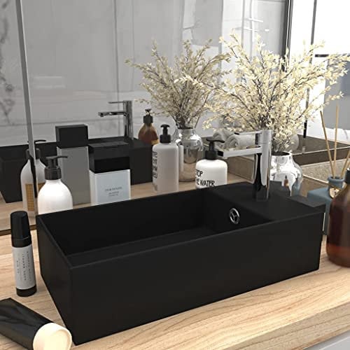 WIFESE Lavandino Da Appoggio in Ceramica Nero Opaco Con Troppopieno - Lavabo Bagno 48x25x15 cm