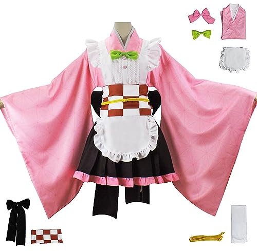YEAJION Kamado Nezuko Cosplay Kostüm mit Perücke Nezuko Maid Dress Demon Slayer Anime Cosplay Kostüm Kimetsu no Yaiba Kimono Lolita Kleid Halloween Karneval Party Kostüm für Erwachsene