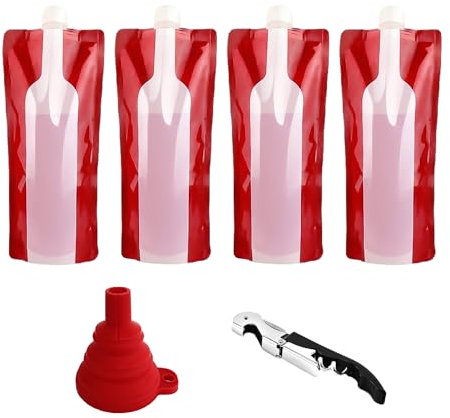 MUEEAD 4 Pieces Collapsible Wine Bags with 1 Wine Bottle Opener, 1 Funnel, Collapsible Liquid Leakproof Bottle Holder, Portable Plastic Wine Bottle Bag for Alcoholic Beverages (Red)