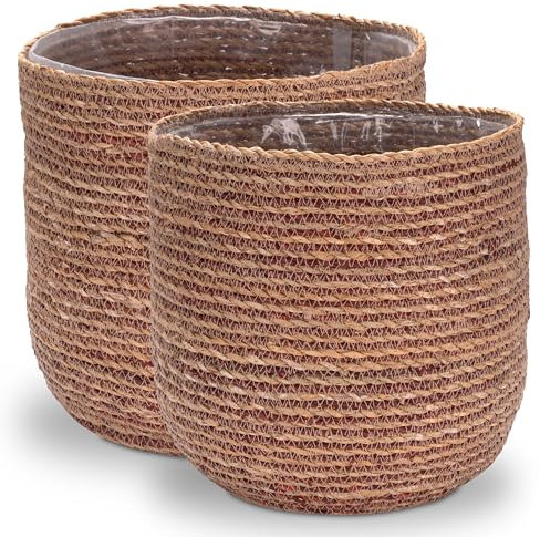 Decorasian Pot de fleurs en jonc de mer - cache-pot tressé - Panier à plantes décoratif avec insert en film plastique dans le style boho - Natuel/rouge - Taille L
