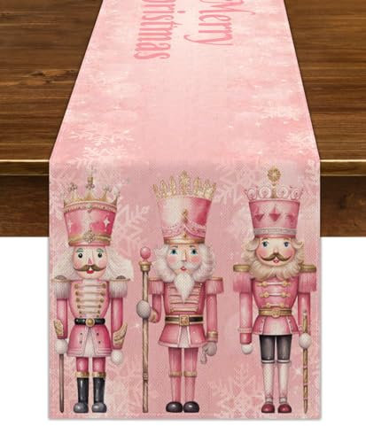 Nepnuser Pink Nutcrackers Christmas Table Runner Pink Xmas Decoration Winter Holiday Party Supply Home Kitchen Dining Room Decor (13 x 72)