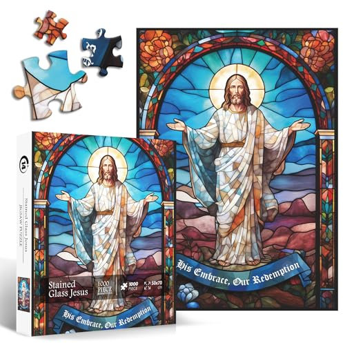 Jesus Christ Puzzles for Adults 1000 Pieces and up, Stained Glass Jigsaw Puzzle as Christian Decor, PICKFORU Easter Puzzle as Home Decor