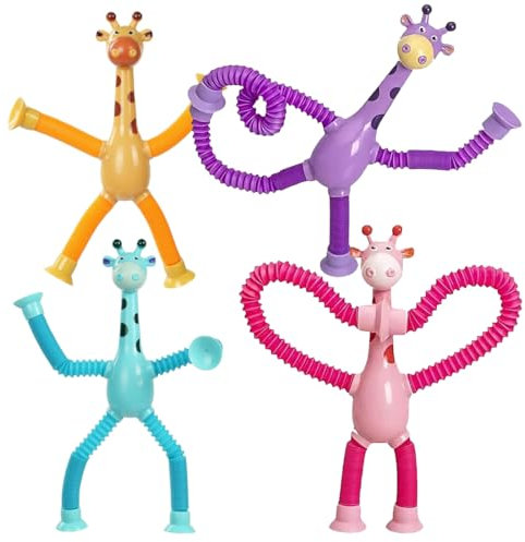 4 Piezas Juguete Telescópico con Ventosa De Jirafa, Juguete De Jirafa Telescópico, Succión De Juguete para Niños con Ventosa,Juguete Telescópico,Jirafa De Juguete Telescópico,Tubos Sensoriales Niños