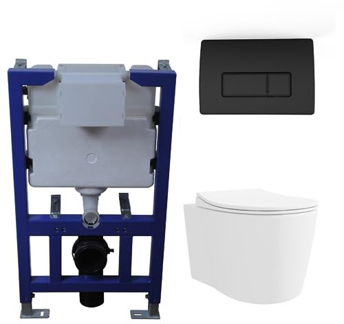 Alcor Wall Hung Toilet with Close Seat Matt Black Pneumatic Flush Plate 820mm Frame & Cistern