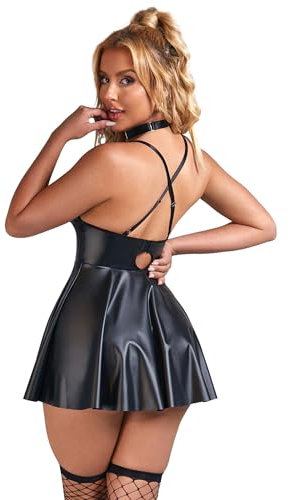 Ohyeahlady Grande Taille Robe Femme Simili Cuir Moulante Club Libertin Chic Soirée Col V Ensemble Lingerie avec Ras de Cou Tenue (Noir, L)