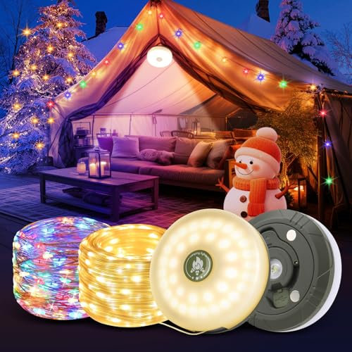 DAJILI 10M Outdoor String Lights with 8 Lighting Modes, Portable Stowable String Light, Camping Lanterns for Power Outages, Rechargeable String Lights