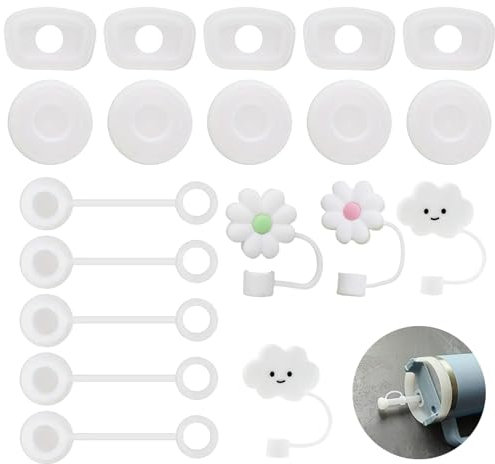 DALAETUS 19 Pcs Silicone Straw Cover Set,Cloud Chrysanthemum Round Square Spill Stopper for Stanley Cup Accessories,Reusable Spill Proof Stopper Compatible with Stanley 1.0 (White)