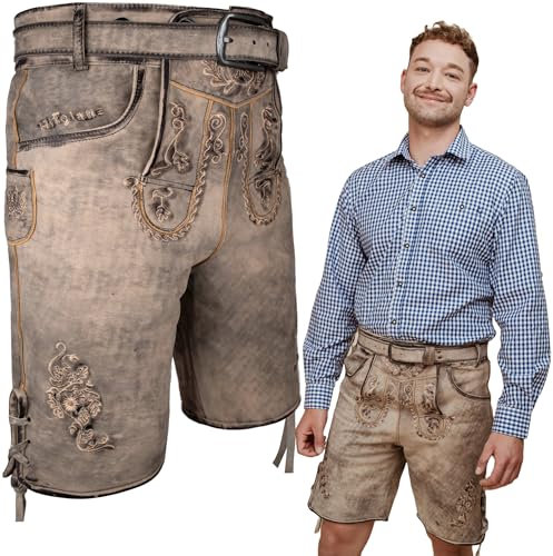 HOFGLANZ® Trachten Lederhose Herren Kurz [GRAU ANTIK] - Hochwertige Trachtenhose für Herren [INKL. TRACHTENGÜRTEL] - Traditionelle Echtlederhose für Oktoberfest Bequem & Robust (Größen 46-58)