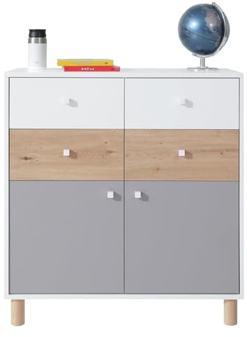 Lomadox Jugendzimmer Kommode Sideboard in weiß mit Eiche und grau