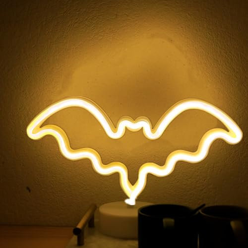 HFHungkeong LED Bat Neonschild in Batterie/USB Betrieben Neonlampe in Fledermausform mit Sockel für Schlafzimmer, Bar, Büro, Schreibtisch, Halloween Dekorationen (28 x 10 x 18 cm, Warmweiß)