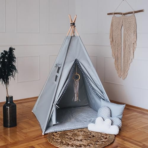 HOMECHIC Kinder Tipi Teepee Spielzelt Wigwam Lichtgrau Boho Pompons Bodenmatte 3 Kissen 110x110x150cm Traumfänger Premium