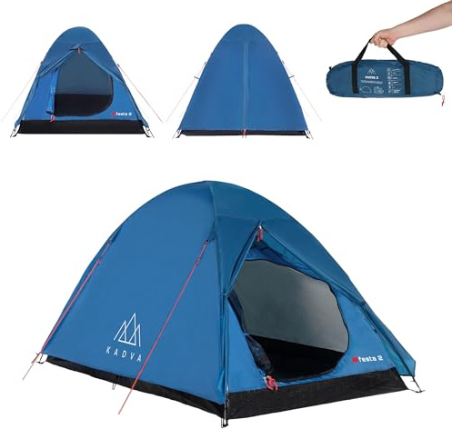 KADVA Tienda de Campaña Festa 2 Tienda 200 x 120 x 105 cm para 2 Personas con Mosquitera Impermeable Ligera y Duradera Estructura de Fibra de Vidrio Ideal para Acampadas y Senderismo Verde|Azul (Azul)