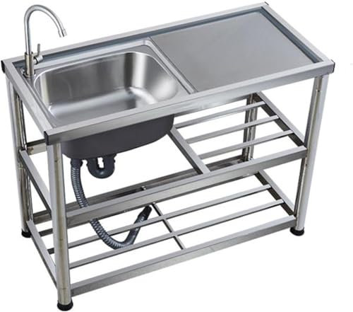 Évier d'établi en Acier Inoxydable，évier de Cuisine autoportant à Une cuve avec Support et Robinet pour Cuisine extérieure，Jardin，Restaurant，Garage，Bar de Jardin (100 x 45 x 80 cm)