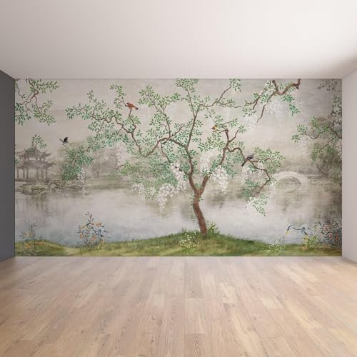Toile Schlafzimmer Chinoiserie Tapete Garten Vintage Aufkleber – Grauer selbstklebender Tapetendruck Heimdekoration benutzerdefinierte Größe 12 x 12