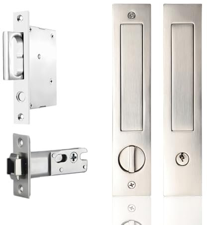RRANXSZ Pocket Door Lock and Pull, Recessed Pocket Door Mortise Lock with Keys, Pocket Door Edge Pull ，200mm Push-in Pocket Door Flush Handles, Brushed Nickel