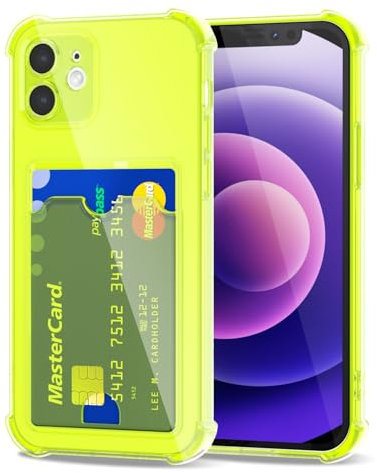 Svanove for iPhone 12 Mini Case Wallet Clear, Card Holder Case with Credit Card Slot, Thin Slim Transparent Silicone Grip Soft Rubber Protective Shockproof Airbag Bumper for Women, Neon Green