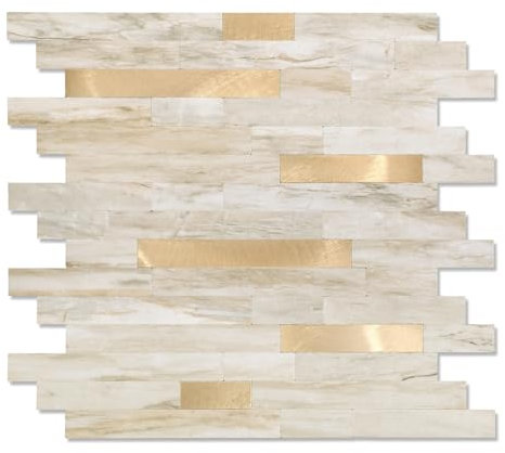 Yipscazo 20 Sheet Peel and Stick Stone Metal Tile Backsplash, Stick on Tiles for Backsplash Kitchen, Bathroom, Laundry Room, Camper, Fireplace (12'' X 12'', Beige Stone with Gold)