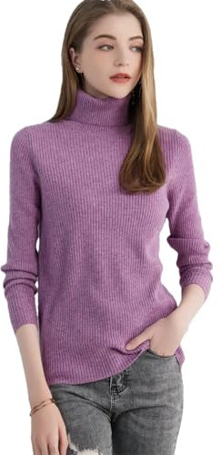 OWEIEYEU Maglioni a collo alto in 100% lana merino per le donne a maniche lunghe in maglia pullover top maglione sottile a costine, Viola, L