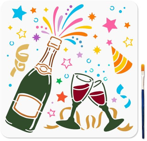 MAYJOYDIY Champagner Schablone 30 × 30cm Wiederverwendbare Hochzeitsfeier Schablonen Zum Basteln Sterne Cocktail Malvorlage Mit Pinsel Für Boden Wandfliesen Stoff Möbeldekoration