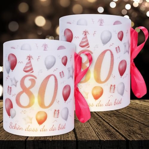 16 Windlichter Tischdeko Deko 80 Geburtstag Mann Frau 80 Geburtstag Tischdeko für Partys, Taufen, Kommunionen, Konfirmationen, Bar/Bat Mitzvahs Teelicht oder Kerzen Deko (Rosa mit Buntem Seil)